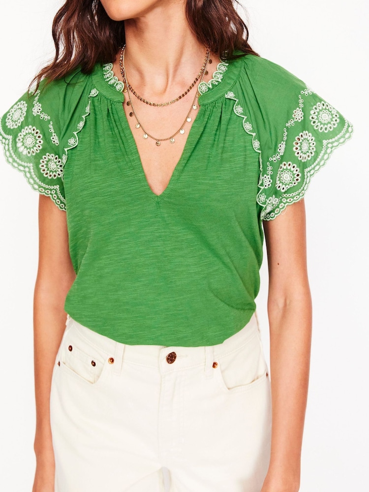 Boden Green Ila Broderie Sleeve Notch 100% Cotton Top - Image 2 of 5
