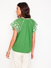 Boden Green Ila Broderie Sleeve Notch 100% Cotton Top - Image 3 of 5