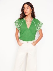 Boden Green Ila Broderie Sleeve Notch 100% Cotton Top - Image 4 of 5