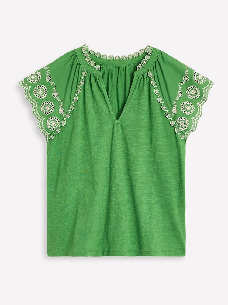 Boden Green Ila Broderie Sleeve Notch 100% Cotton Top - Image 5 of 5