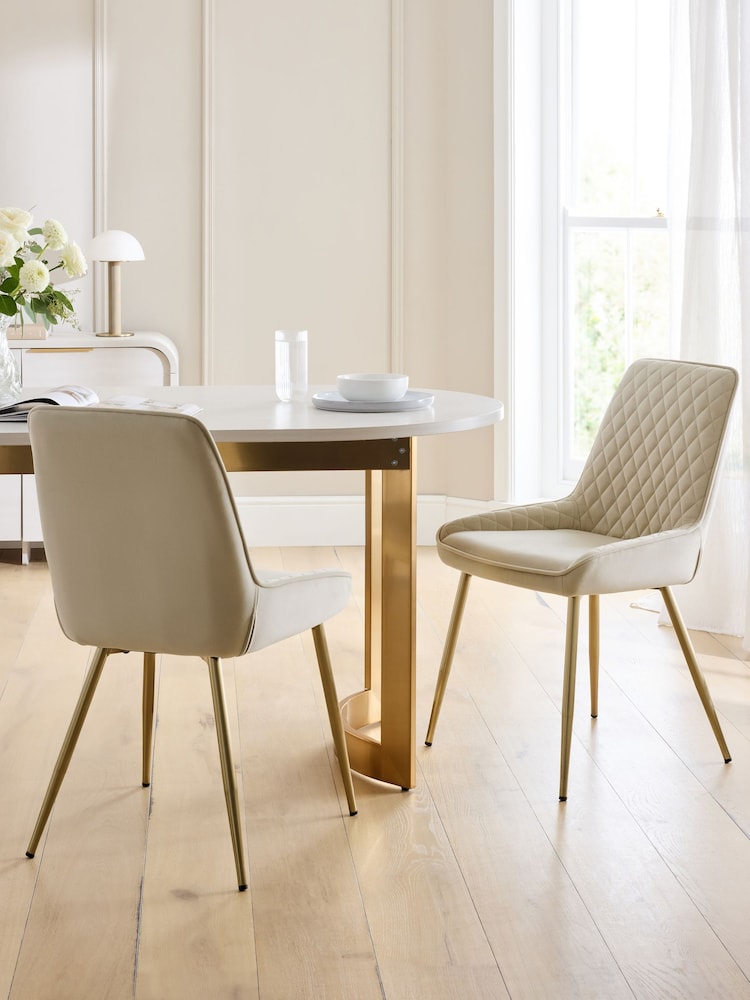 Set of 2 Soft Velvet Pebble Hamilton Gold Effect Leg Quilted Dining Chairs - Image 1 of 6