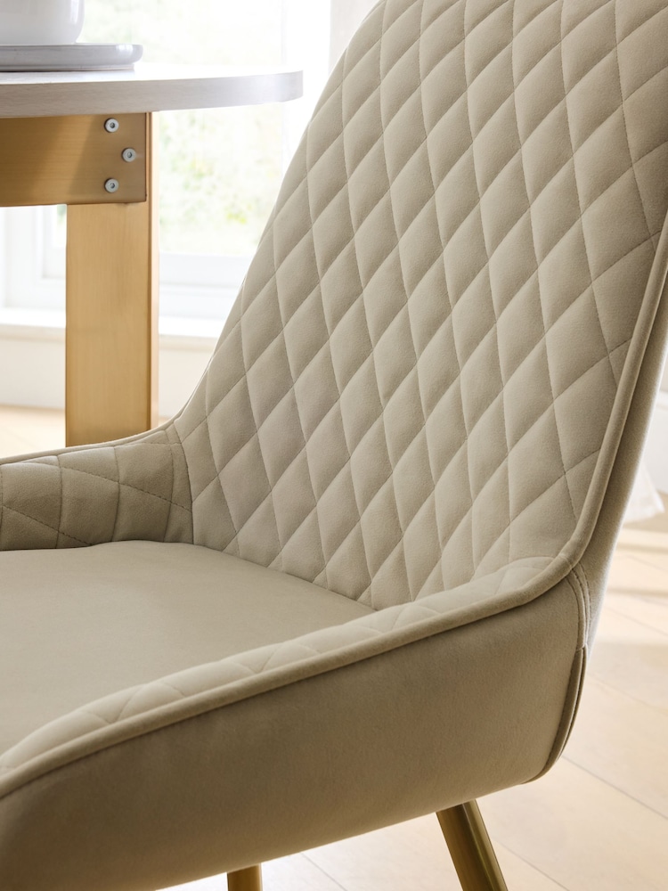 Set of 2 Soft Velvet Pebble Hamilton Gold Effect Leg Quilted Dining Chairs - Image 2 of 6