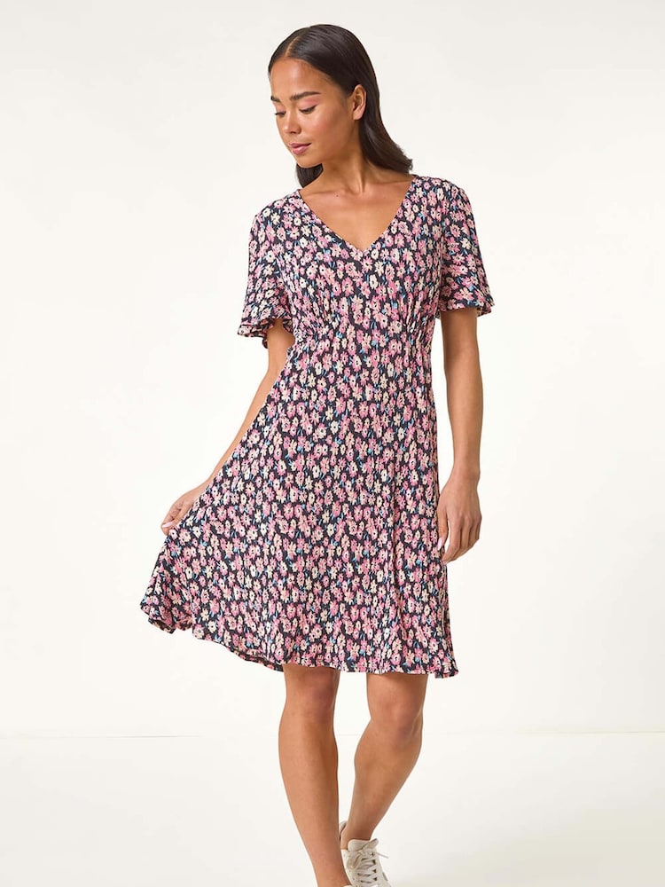 Roman Black Petite Ditsy Floral Print Pleat Dress - Image 2 of 5