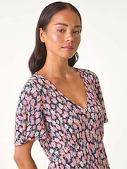 Roman Black Petite Ditsy Floral Print Pleat Dress - Image 3 of 5