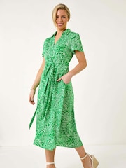 Roman Green Petite Abstract Print Button Shirt Dress - Image 2 of 5