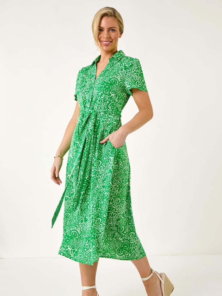 Roman Green Petite Abstract Print Button Shirt Dress - Image 2 of 5