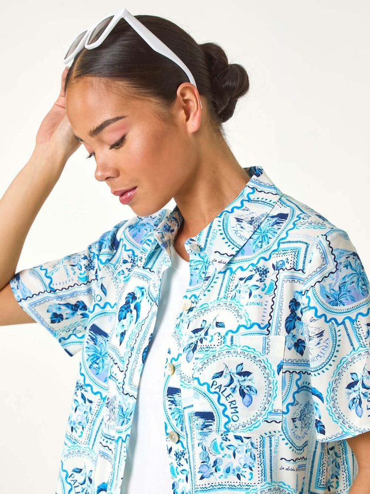 Roman Blue Petite Print Button Through Shirt - Image 1 of 5