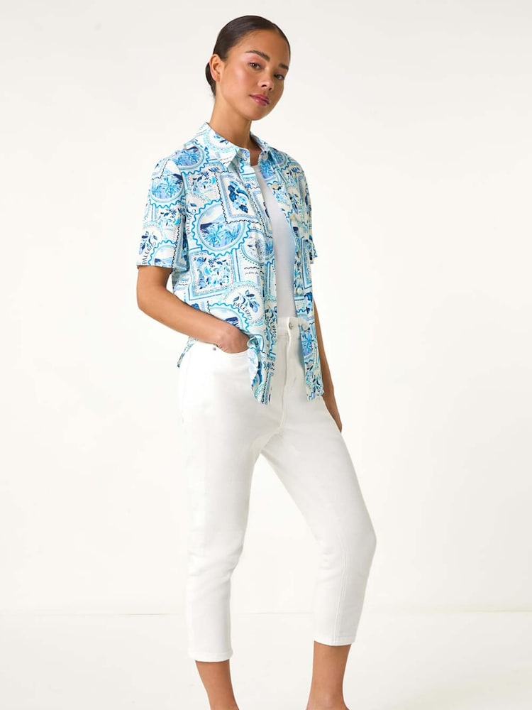 Roman Blue Petite Print Button Through Shirt - Image 2 of 5 Roman Blue Petite Print Button Through Shirt - Image 2 of 5