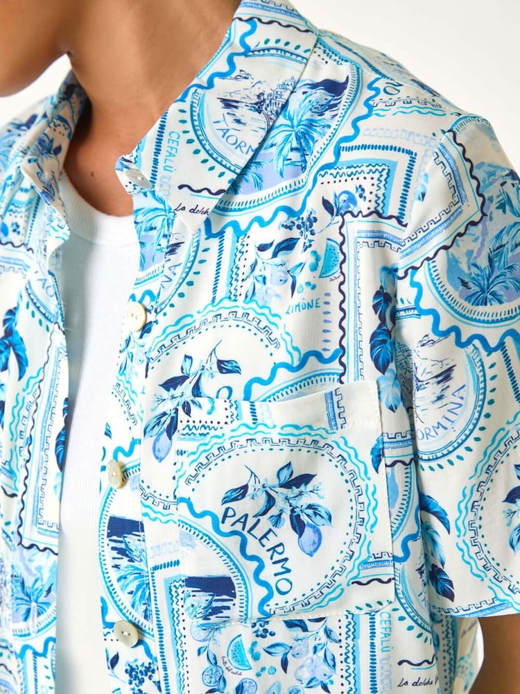 Roman Blue Petite Print Button Through Shirt - Image 5 of 5