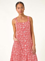 Roman Red Petite Ditsy Floral Print Button Dress - Image 1 of 5
