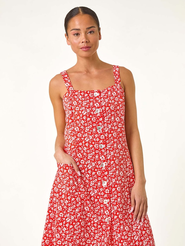 Roman Red Petite Ditsy Floral Print Button Dress - Image 1 of 5