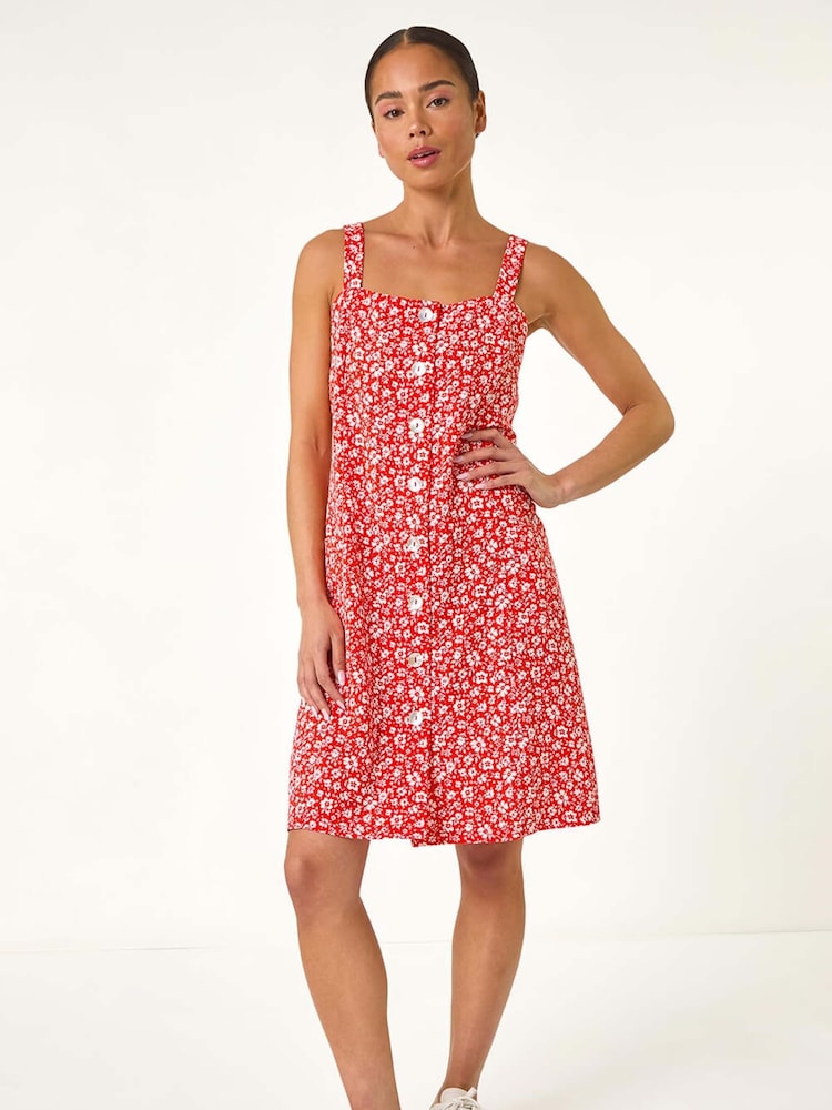 Roman Red Petite Ditsy Floral Print Button Dress - Image 2 of 5
