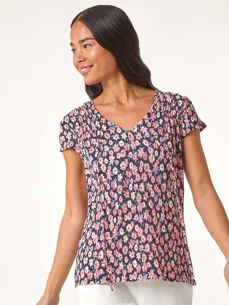 Roman Pink Petite Floral Print Crinkle Blouson Top - Image 1 of 5