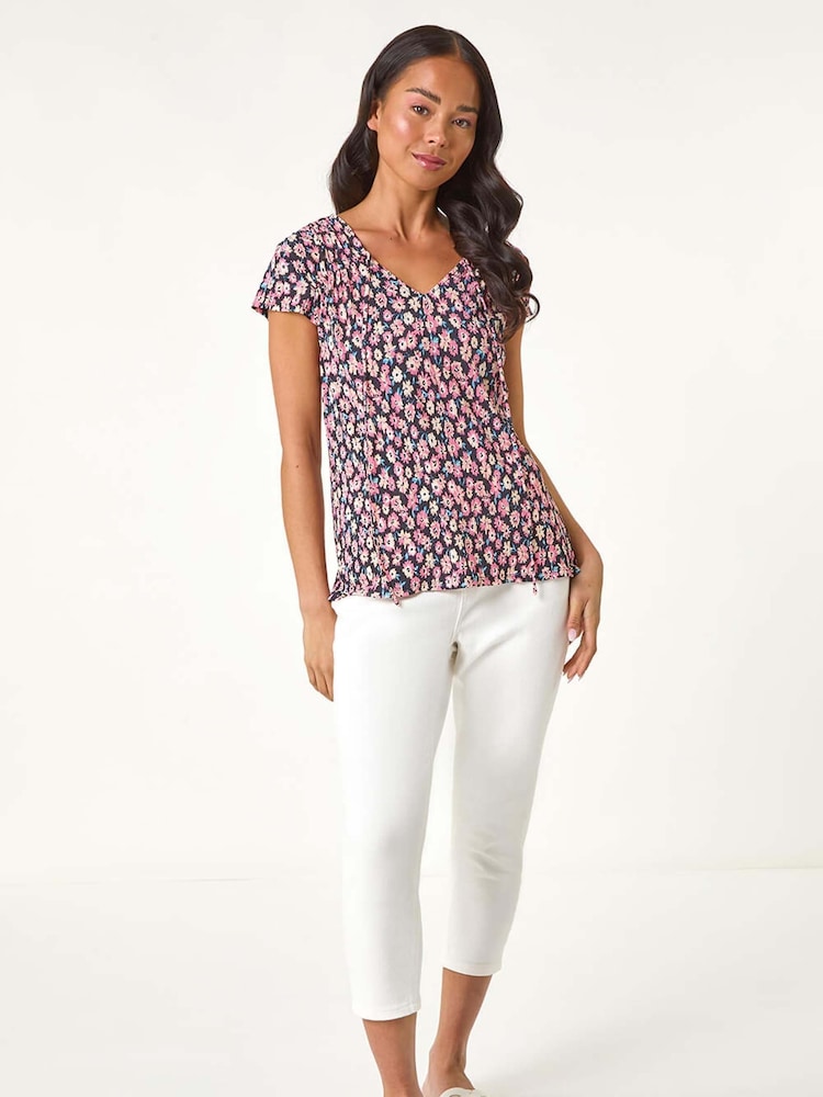 Roman Pink Petite Floral Print Crinkle Blouson Top - Image 2 of 5
