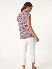 Roman Pink Petite Floral Print Crinkle Blouson Top - Image 3 of 5