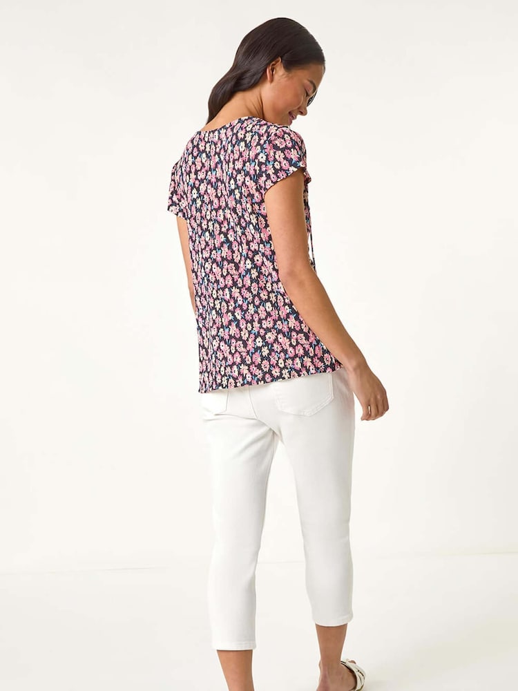 Roman Pink Petite Floral Print Crinkle Blouson Top - Image 3 of 5
