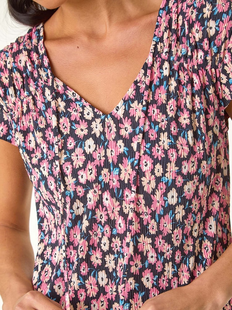 Roman Pink Petite Floral Print Crinkle Blouson Top - Image 5 of 5