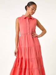 Roman Pink 100% Cotton Pocket Tiered Midi Dress - Image 1 of 5