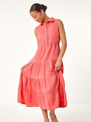 Roman Pink 100% Cotton Pocket Tiered Midi Dress - Image 2 of 5