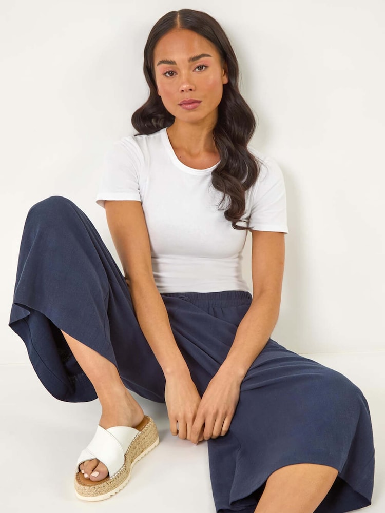 Roman Blue Petite Elasticated Waist Linen Culottes - Image 1 of 5