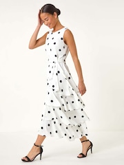 Roman White Petite Spot Print Tiered Midi Dress - Image 1 of 5