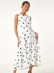 Roman White Petite Spot Print Tiered Midi Dress - Image 2 of 5