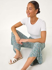 Roman Blue Petite Ditsy Crinkle Cropped Trousers - Image 1 of 5