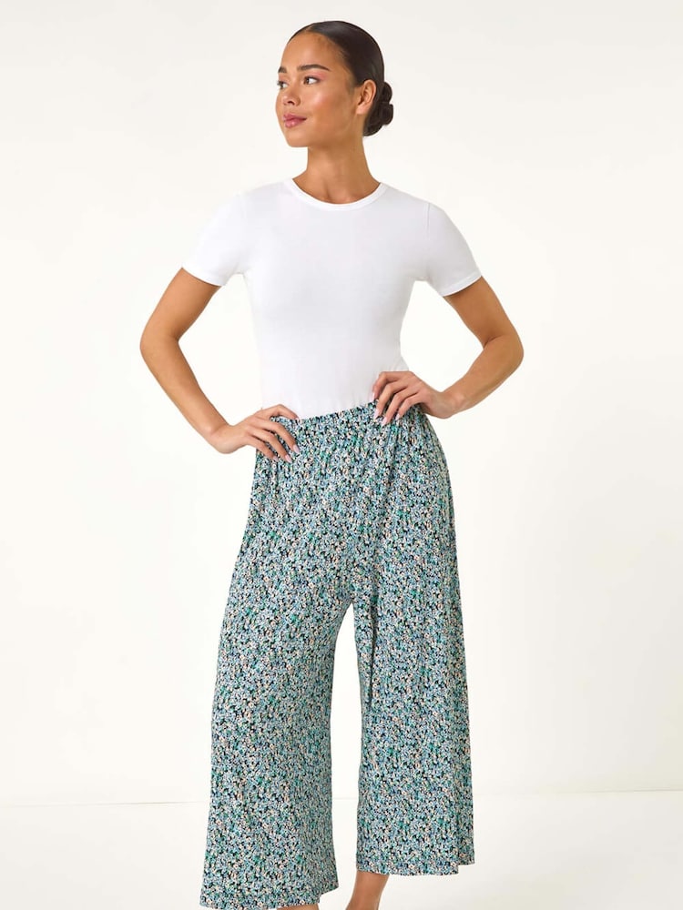 Roman Blue Petite Ditsy Crinkle Cropped Trousers - Image 2 of 5