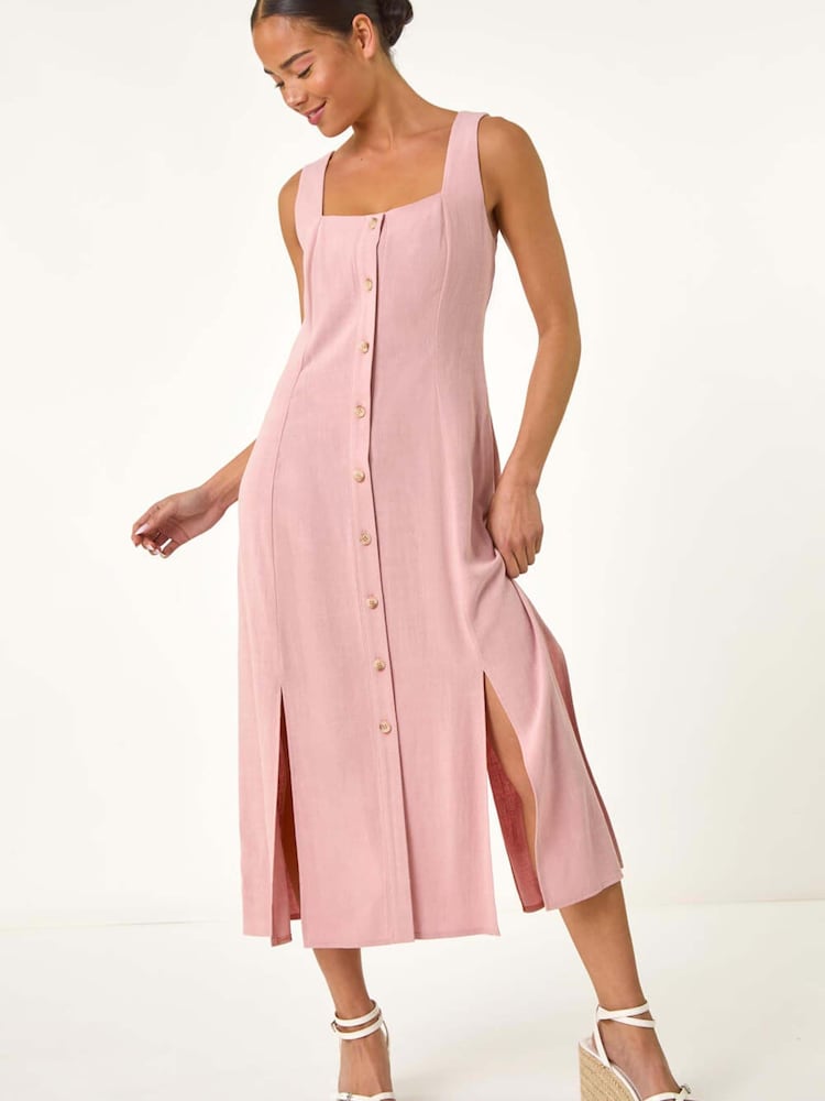 Roman Pink Petite Square Neck Buttoned Midi Dress - Image 1 of 5