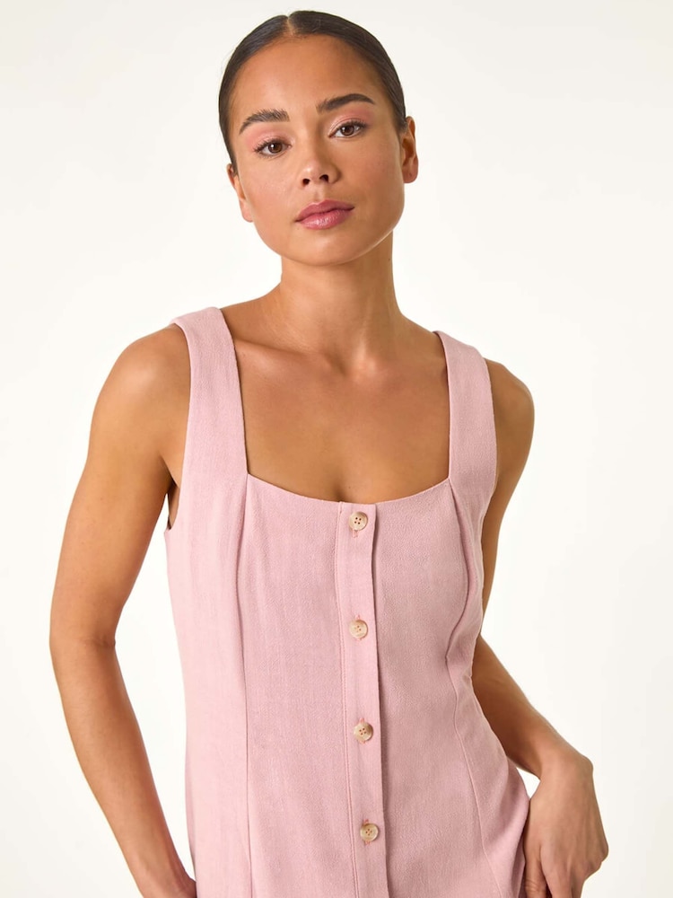 Roman Pink Petite Square Neck Buttoned Midi Dress - Image 2 of 5 Roman Pink Petite Square Neck Buttoned Midi Dress - Image 2 of 5