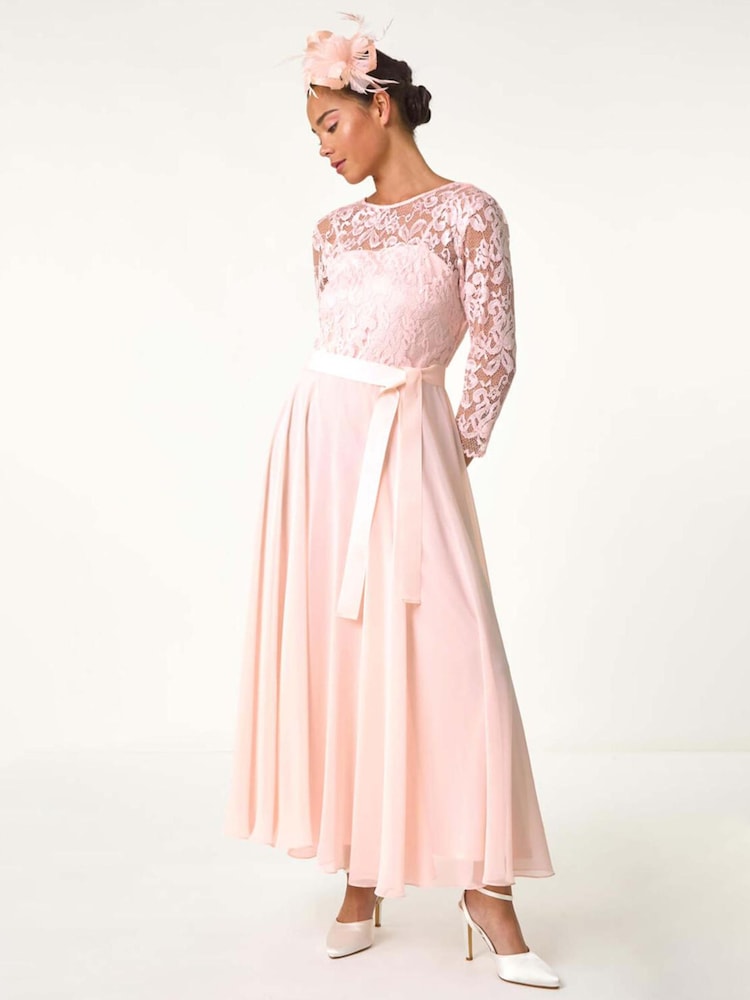 Roman Pink Petite Lace Tie Waist Maxi Dress - Image 1 of 5