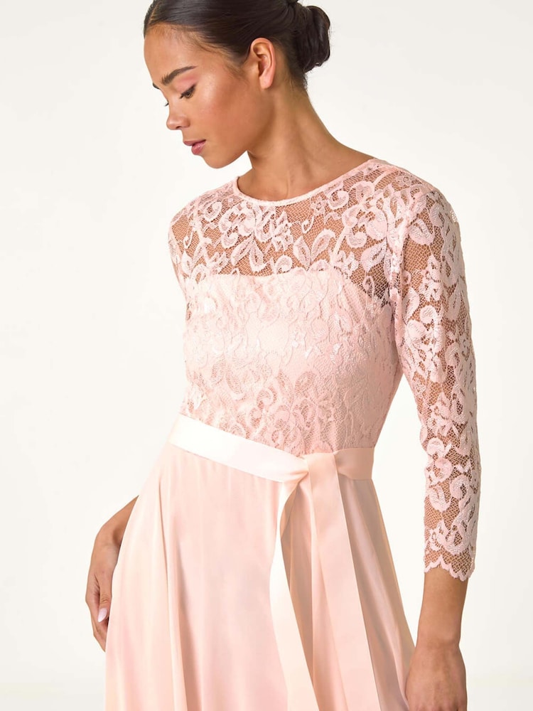 Roman Pink Petite Lace Tie Waist Maxi Dress - Image 4 of 5