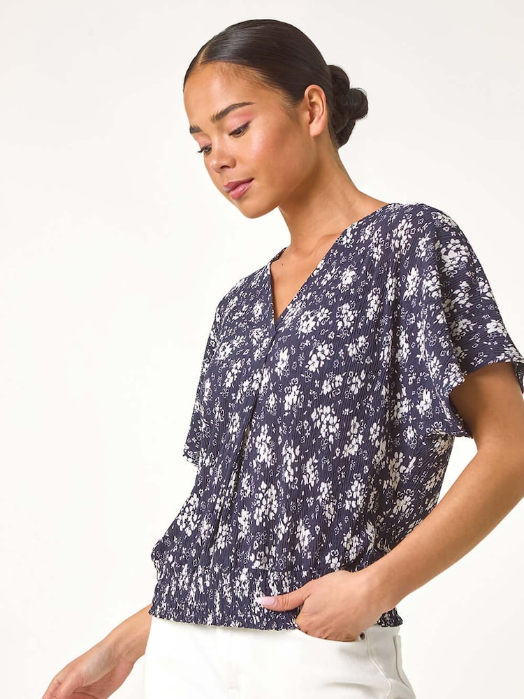 Roman Blue Petite Floral Print Crinkle Blouson Top - Image 1 of 5