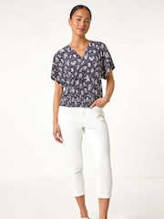 Roman Blue Petite Floral Print Crinkle Blouson Top - Image 2 of 5