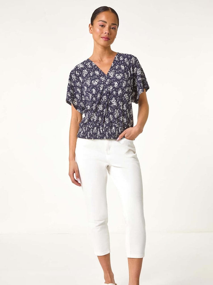 Roman Blue Petite Floral Print Crinkle Blouson Top - Image 2 of 5