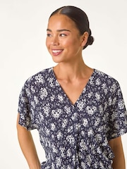 Roman Blue Petite Floral Print Crinkle Blouson Top - Image 4 of 5