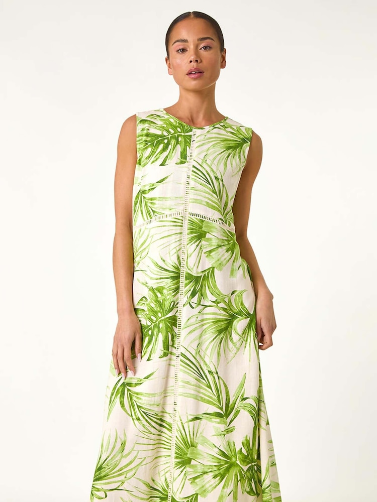 Roman Green Petite Leaf Print Trim Midi Dress - Image 1 of 5