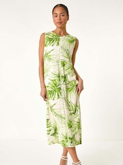 Roman Green Petite Leaf Print Trim Midi Dress - Image 2 of 5