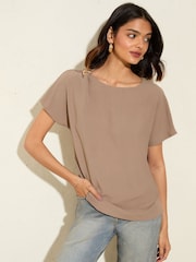 Friends Like These Mocha Short Sleeve Blouse With Gold Detail - Image 1 of 5