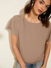 Friends Like These Mocha Short Sleeve Blouse With Gold Detail - Image 4 of 5