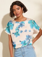 Friends Like These Floral Blue Short Sleeve Blouse With Gold Detail - Image 1 of 4