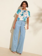 Friends Like These Floral Blue Short Sleeve Blouse With Gold Detail - Image 3 of 4