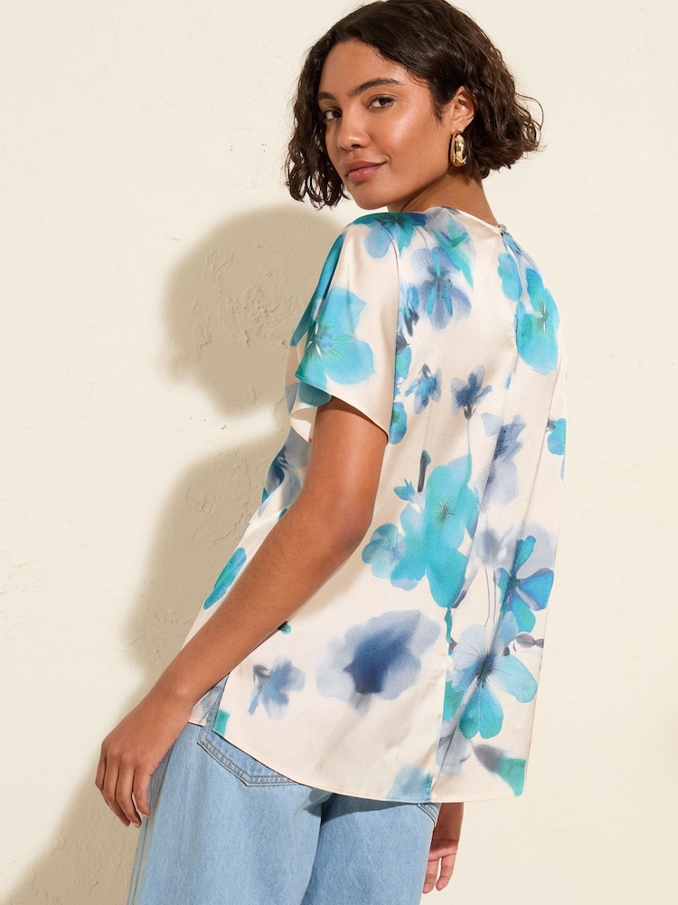 Friends Like These Floral Blue Short Sleeve Blouse With Gold Detail - Image 4 of 4