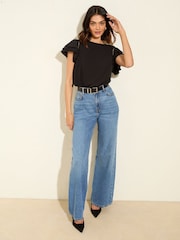 Friends Like These Black Short Ruffle Sleeve Round Neck Blouse - Image 2 of 4
