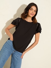 Friends Like These Black Short Ruffle Sleeve Round Neck Blouse - Image 3 of 4