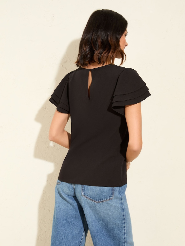 Friends Like These Black Short Ruffle Sleeve Round Neck Blouse - Image 4 of 4