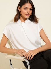 Friends Like These Cream Twist Neck Short Sleeve Satin Blouse - Image 3 of 5