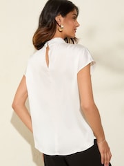 Friends Like These Cream Twist Neck Short Sleeve Satin Blouse - Image 5 of 5