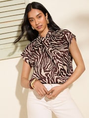Friends Like These Zebra Print Twist Neck Short Sleeve Satin Blouse - Image 1 of 4