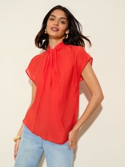 Friends Like These Red Twist Neck Short Sleeve Satin Blouse - Image 1 of 5